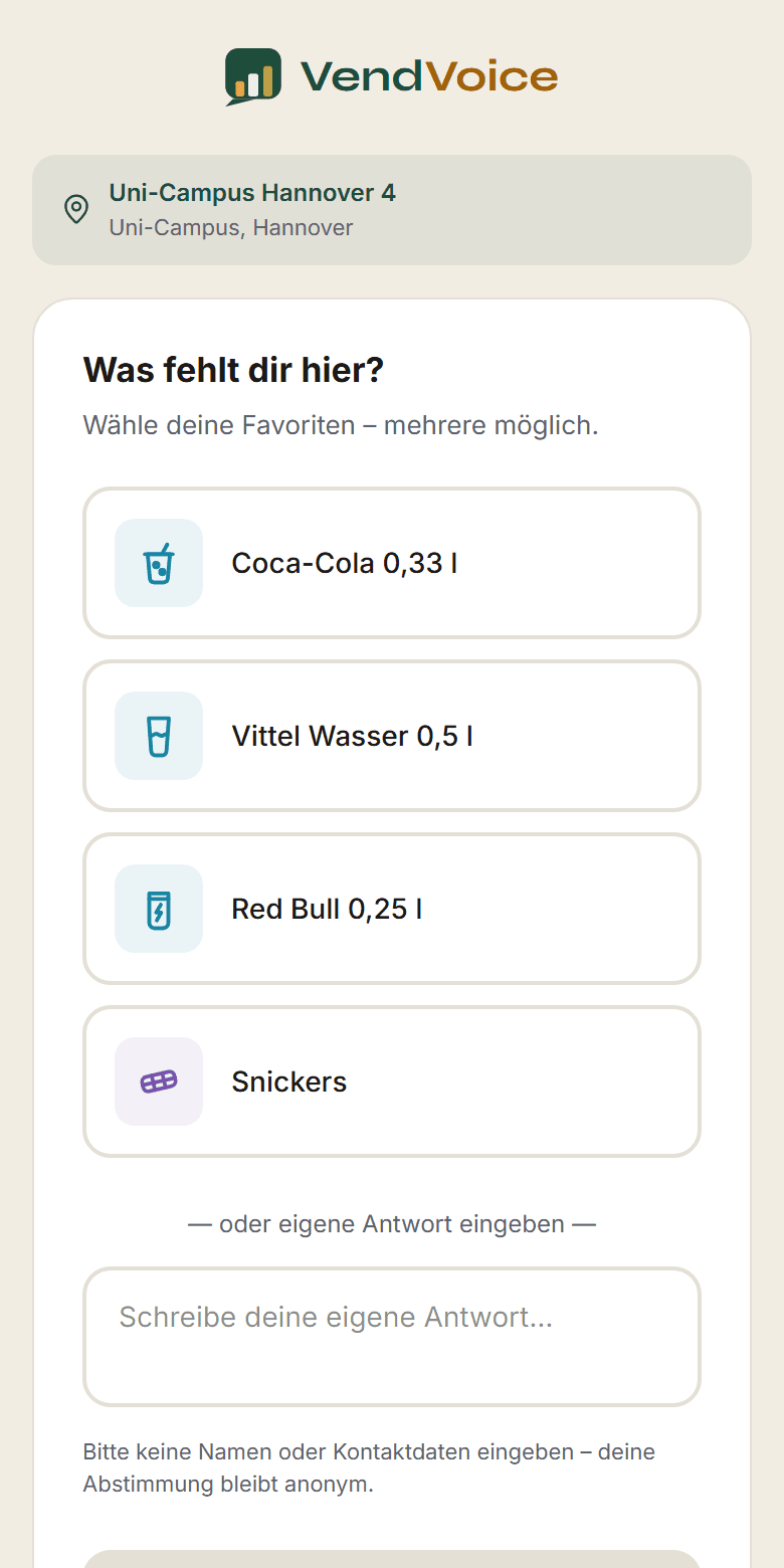 Abstimmungsseite auf dem Handy: „Was fehlt dir hier?“ mit den Antwortmöglichkeiten Coca-Cola, Vittel Wasser, Red Bull und Snickers sowie einem Feld für eine eigene Antwort